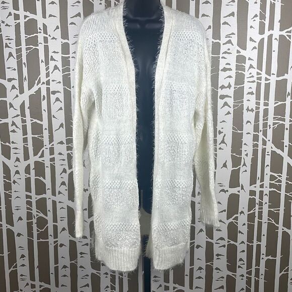 Alya Eyelash Popcorn Metallic Knit Open Front Longline Cardigan Sweater M Ivory - Picture 1 of 9